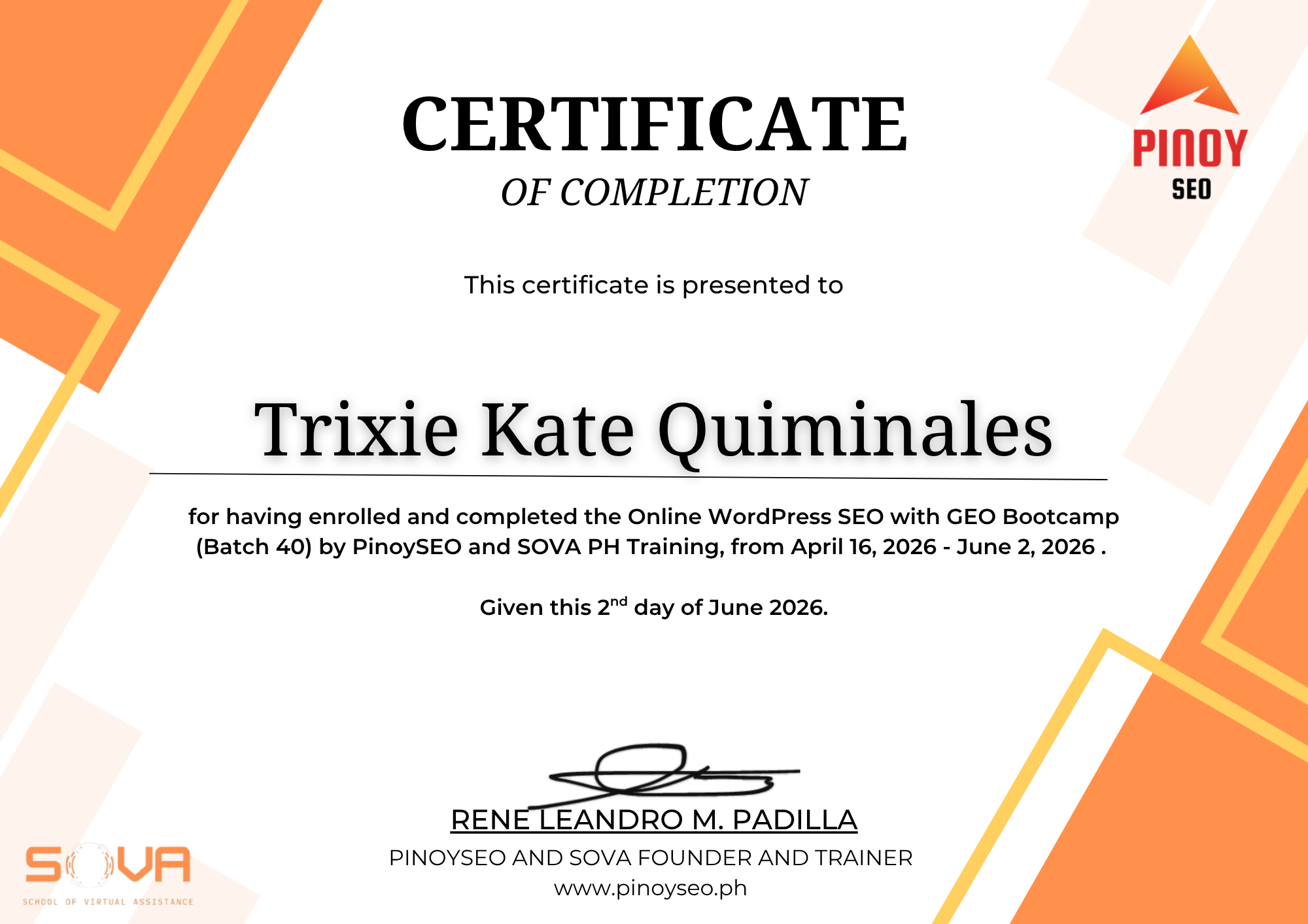 Certification of seo training completion